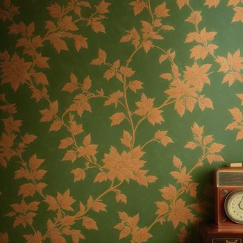 clock sitting on a table next to a wall with a flower pattern on it and a green background