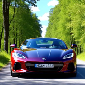 red sports car driving down a road next to trees and grass on both sides of the road is a forest