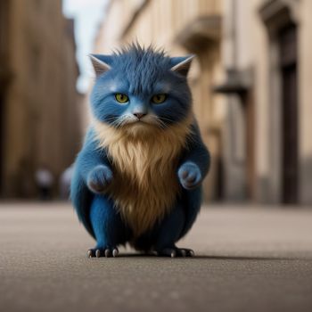 blue cat with yellow eyes sitting on the ground in front of a building with a building in the background