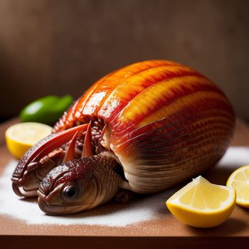 large shelled animal sitting on top of a table next to lemons and a knife and a lemon slice