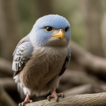 blue and white bird sitting on a branch in a forest with trees in the background and a blurry background