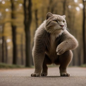 cat standing on its hind legs on a road in a forest with trees in the background and a yellow light on its face