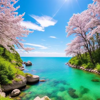 beautiful view of a lake with a lot of water and trees in blooming colors and rocks in the water