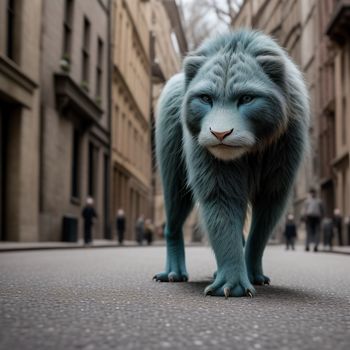 blue furry animal walking down a street next to tall buildings and people walking on the sidewalk behind it