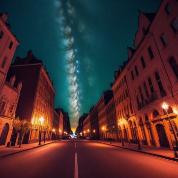 street with buildings and a sky filled with stars and a long line of lights on the side of the road