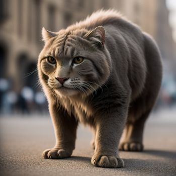 cat walking down a street with a blurry background and a blurry background behind it