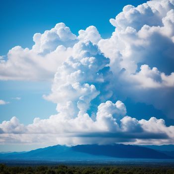 large cloud is in the sky above a mountain range and trees and bushes below it is a blue sky with white clouds