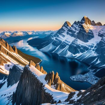 mountain range with a lake in the middle of it and snow covered mountains in the background at sunset