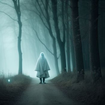 person in a white cloak walking down a path in a forest at night with a light on the ground