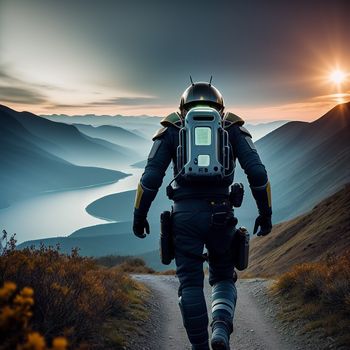 man in a space suit walking down a path in the mountains with a camera on his back and a camera attached to his chest