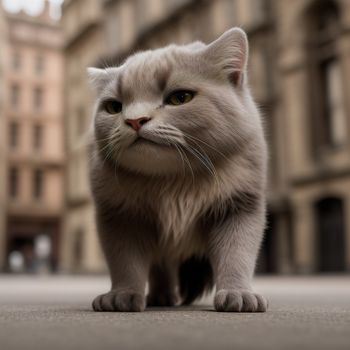 cat is standing on the ground in front of a building with a clock tower in the background and a building with a clock tower in the background