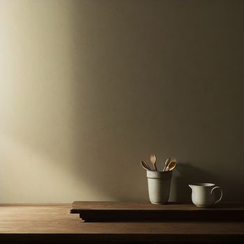 wooden table topped with two cups filled with utensils and a spoon on top of it next to a wall