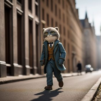 cat in a suit and tie walking down a street next to a building with a clock tower in the background