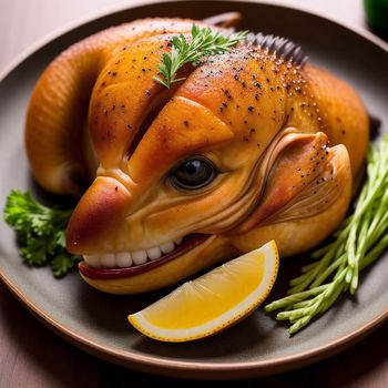 plate with a fish shaped food on it and a lemon slice on the side of it