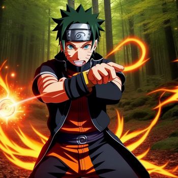 man in a black outfit holding a sword in a forest with fire around him and a green background