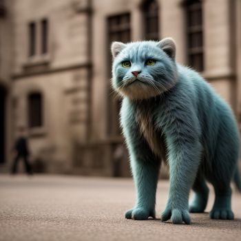 cat with a blue fur standing on a sidewalk in front of a building with a person walking by