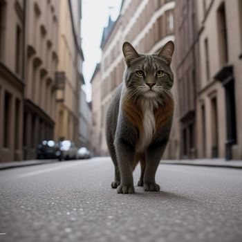 cat standing on the street in a city with tall buildings in the background and a car parked on the side of the street