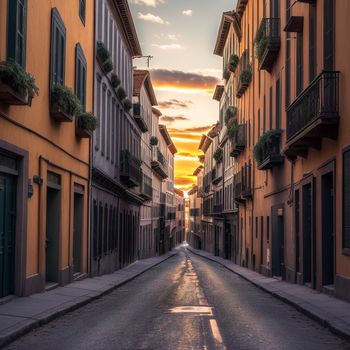 street with buildings and a sunset in the background with a reflection of the sun on the road and the sky
