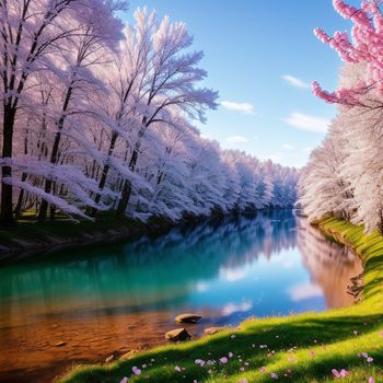 river surrounded by trees and grass with flowers on the bank of it and a blue sky with clouds