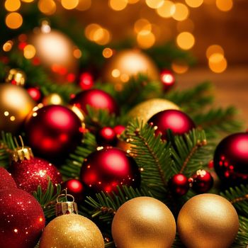 bunch of christmas ornaments sitting on top of a table next to a christmas tree with lights in the background