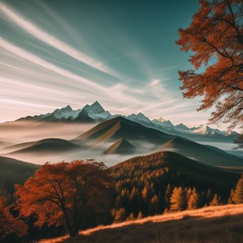 painting of a mountain range with trees in the foreground and a foggy sky in the background