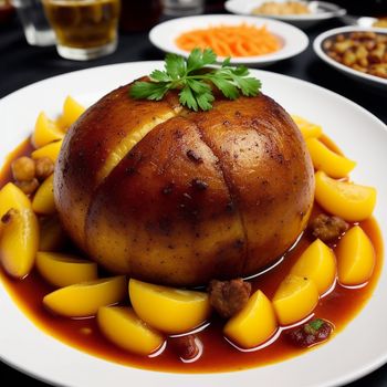 plate of food with a large piece of meat in it on a table with other plates of food