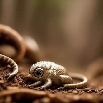 small lizard with a big eye sitting on the ground next to a snake's tail and a snake's head