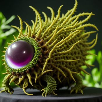 close up of a fake sunflower with a purple ball in the center of it's head