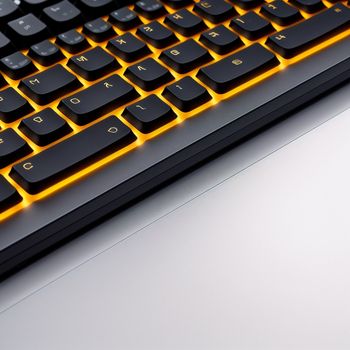 close up of a keyboard with a yellow light on it's side and a black keyboard with a yellow light on it's side