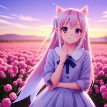 anime girl in a blue dress standing in a field of flowers with her hands on her chins