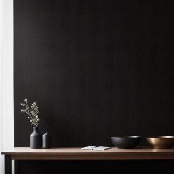 table with two black bowls and a vase with flowers on it and a black wall behind it with a black background