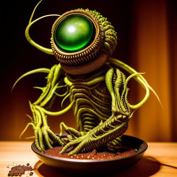 green alien sitting on top of a plate on a table next to a cup of coffee and a spoon