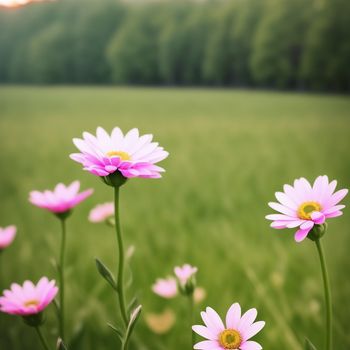 field of pink flowers with a green field in the background with trees in the distance and a yellow center