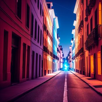 street with a car parked on the side of it at night time with buildings lining the street and a car driving down the street