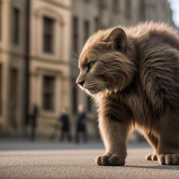 cat that is standing on the ground looking at something in the distance with a building in the background