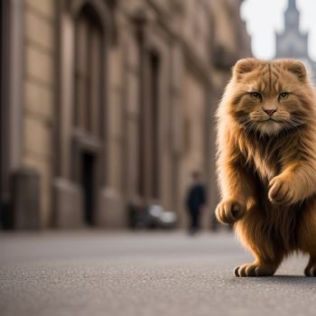 fluffy cat walking down a street next to a building with a clock tower in the background and a person walking by