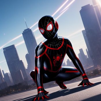 spider man kneeling down in front of a city skyline with skyscrapers in the background