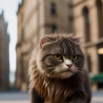 cat sitting on the ground in front of a building with a clock tower in the background and a building with a clock on it