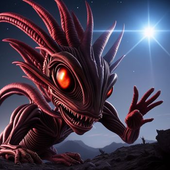 strange creature with red eyes and a strange head is shown in front of a bright star filled sky