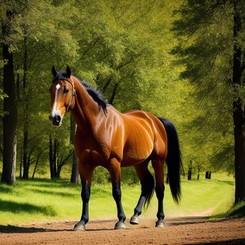 horse is walking down a dirt road in the woods with trees in the background and a path leading to the right