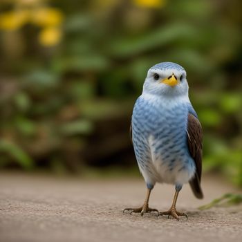 blue bird with a yellow beak standing on a road near bushes and flowers in the background