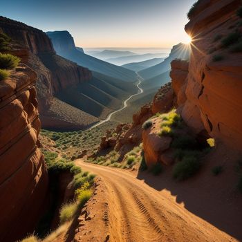 dirt road going through a canyon with a mountain in the background and a sunbeam in the distance