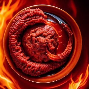 bowl of food with a fork in it on a fire background with flames around it and a red substance in the center