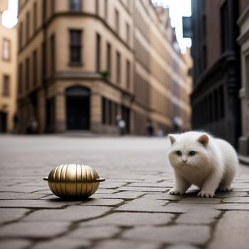 white cat standing next to a golden ball on a street corner with buildings in the background and a gold ball on the ground