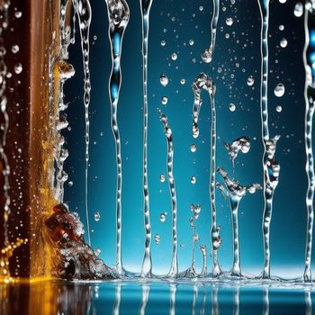 group of water drops on a window pane with a blue background and a yellow light in the background