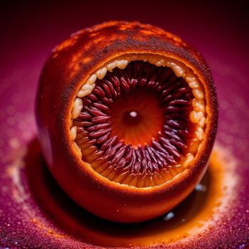 close up of a fruit with a blood red center and a white center on the inside of it