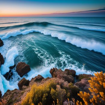 view of a body of water with waves coming in from the shore and a sunset in the background