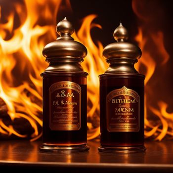 two jars of different types of food on a table with fire in the background and a black background with gold trim