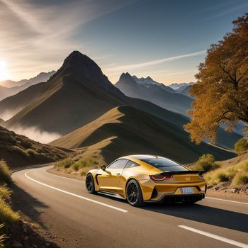 yellow sports car driving down a mountain road with a sunset in the background and a mountain range in the distance