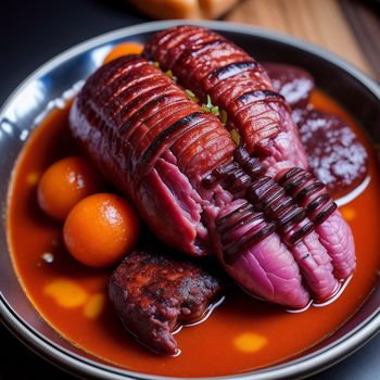 plate of food with meat and oranges on it and a fork in the bowl next to it